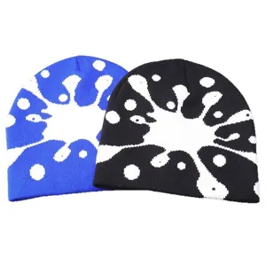 Detailed view of the trendy graffiti jacquard knitted beanie, autumn winter warm brimless hat.