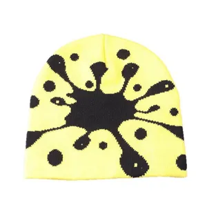 Yellow black graffiti knitted beanie hat winter warm hip hop skull cap streetwear.