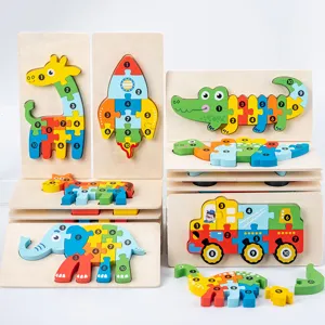 Kids wooden 3d puzzle toy educational cartoon animal vehicle numerical cognitive board
