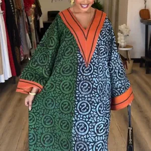 Women V Neck Long Sleeve Printed Maxi Dress Western Color Block Streetwear Polyester Dress Loose Fit Casual Fall Kaftan