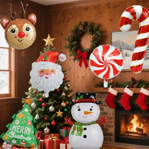 Christmas holiday party foil balloons set featuring Santa snowman reindeer tree scene setup