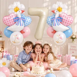 Set di palloncini per feste di compleanno con oca bianca carina e margherite e cuori.