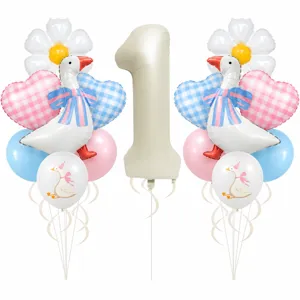 Set di palloncini a tema oca carina per il 1° compleanno con margherite e cuori.