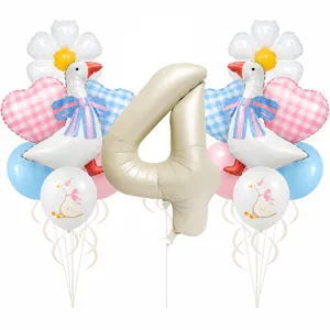 Set di palloncini di compleanno oca bianca con numero 4 e palloncini margherita.