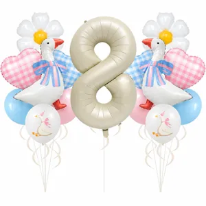 Dettagli del set di palloncini di compleanno tema oca con numero 8 e palloncini in alluminio.