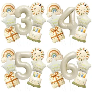 Vintage Birthday Balloon Set Sun Star Rainbow Cake Gift Box Foil Balloons For Party Background Celebration Decoration