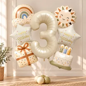 Boho neutral 3rd birthday balloon set details, featuring number three, rainbow and sun foil balloons.