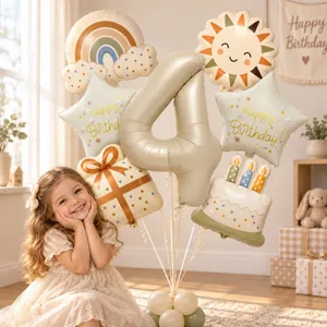Retro birthday balloon set with number 4, rainbow, sun and star foil balloons for party.
