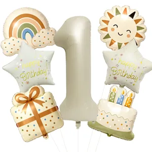 Boho retro 1st birthday balloon set including number one rainbow sun star cake and gift foil balloons.