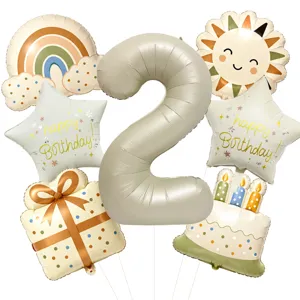 Retro birthday balloon set with number 2 rainbow sun star cake for kids party decor