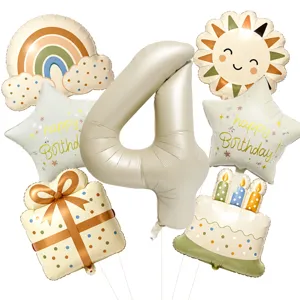 Birthday balloon set featuring retro sun, rainbow, and number 4 aluminum foil balloons.
