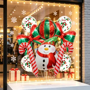 Juego de globos de papel aluminio de muñeco de nieve navideño con lazos y bastones de caramelo