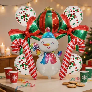 Set de globos de papel de aluminio de muñeco de nieve de Navidad con bastón y lazo.