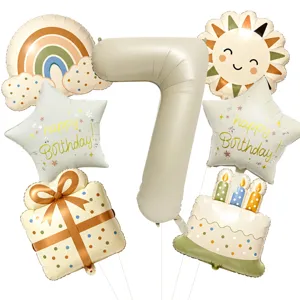 Detailed view of vintage birthday foil balloons set including number 7, rainbow, and cake designs.