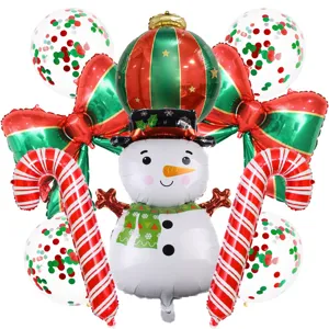 Set de globos de papel aluminio de muñeco de nieve navideño con bastón y lazo para fiestas.