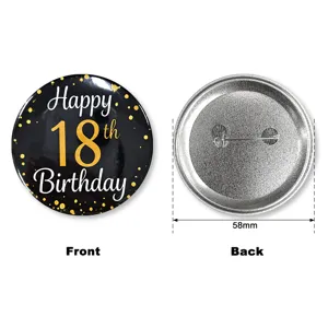 Spilla badge per 18° compleanno oro nero, bottone in metallo da 58mm per festa.