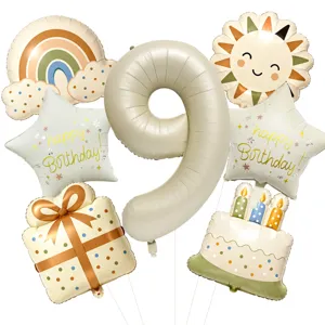 Detailed view of the retro birthday balloon set featuring number 9, sun, rainbow and cake.
