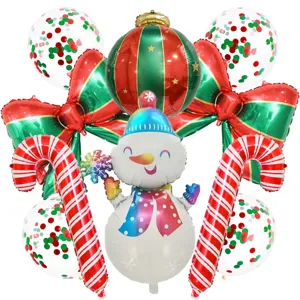 Detalles del juego de globos de aluminio navideños con lindo muñeco de nieve y bastones festivos.