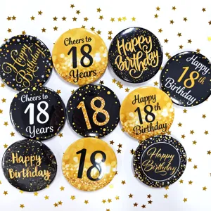 Spille per 18° compleanno nere e oro, bottoni in metallo per feste di compleanno.