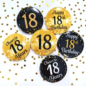 Set di spille per 18° compleanno nere e oro, bottoni decorativi in metallo per festa.