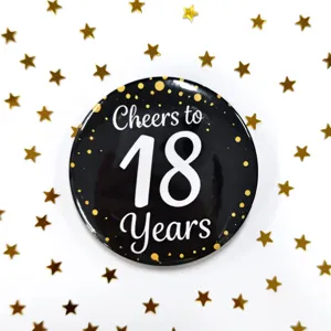 Spilla compleanno 18 anni nero e oro in latta bottone festa adulto decorazione celebrazione