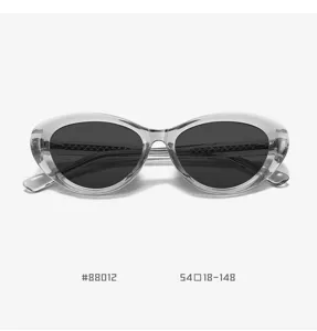 Detailed view of transparent cat-eye sunglasses featuring metal core wire and dark lenses.