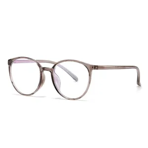 Detailed view of lightweight TR90 clear grey round eyeglass frames for daily optical wear.