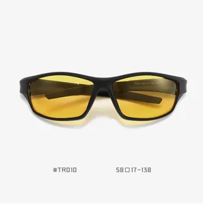 TR90 polarized sports sunglasses detail showing black frame and yellow lens with size specs.