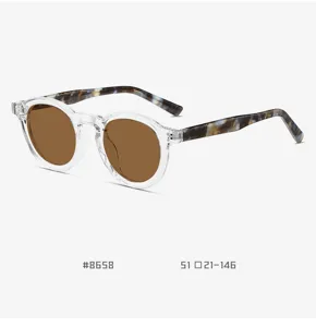 Retro TR90 round sunglasses for men and women, stylish polarized lenses with clear frame detail.