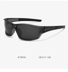 Detailed view of black TR90 polarized cycling sunglasses, showcasing temple size and frame specs.