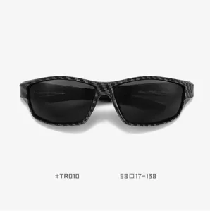Detailed view of black carbon fiber pattern TR90 polarized sports sunglasses temples and frame.