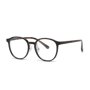 Detailed shot of retro tortoise shell round eyeglasses frame with clear lenses and nose pads.