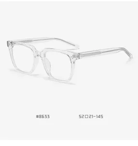 Close-up detail of transparent square eyeglasses frame, clear acetate style, model 8633.