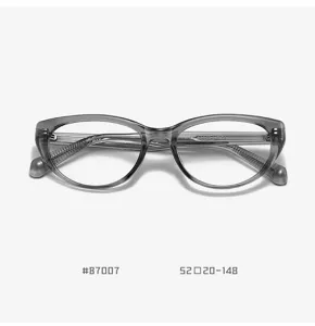 Dettaglio di una montatura per occhiali trasparente grigia in TR90, stile retrò cat-eye.