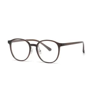 Korean style TR90 brown round eyeglasses frame detail, ultra-light retro optical eyewear for women.