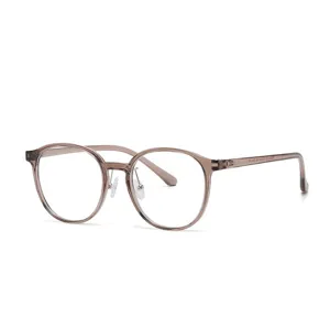 Retro round optical glasses frame, clear brown TR90 lightweight designer eyewear style.