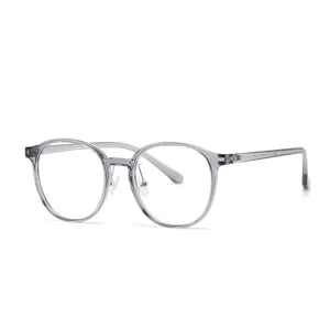 Clear grey round eyeglasses frame detail showing transparent TR90 temple and silicone nose pads.