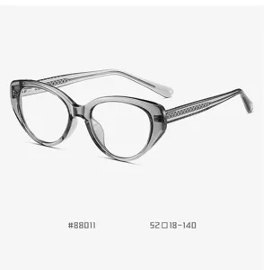 Close-up of clear grey cat-eye glasses frame, showing exquisite woven temples and TR90.