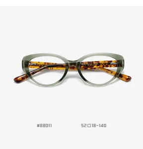 Close-up detail of the stylish cat-eye glasses frame, showing the hinge and tortoise pattern.