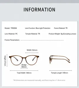 TR5094 occhiali tondi leggeri anti luce blu dimensioni dettagliate e specifiche tecniche