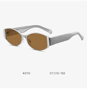 Detail view of retro cat-eye polarized sunglasses with silver frame and brown lenses.