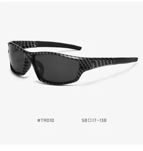 TR90 polarized cycling sunglasses detail view, carbon fiber pattern frame, outdoor sports.