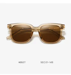Translucent brown square sunglasses for women and men, stylish UV400 driving eyewear.