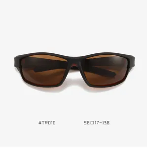 Detail shot of TR90 polarized cycling sunglasses with brown lenses and matte black frame.