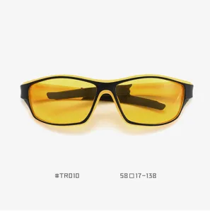 Detailed view of yellow lens sports cycling sunglasses with TR90 frame, outdoor eyewear.