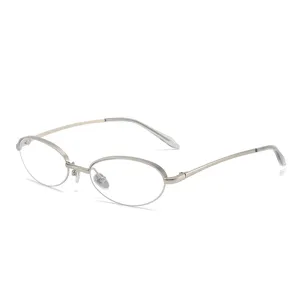 Silver metal semi-rimless oval glasses frame for stylish men and women daily fashion wear.