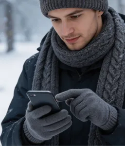 Ensemble tricot hiver homme bonnet écharpe gants tactile gris mode extérieur chaud détails.