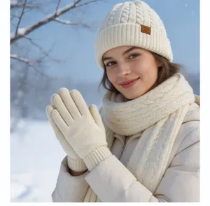 Ensemble bonnet écharpe et gants en tricot pour femme, chaud et confortable pour l'hiver.