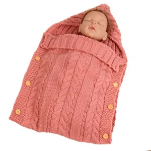 Sacco nanna lavorato a maglia per neonato coperta fasciatoio con bottoni per passeggino rosa
