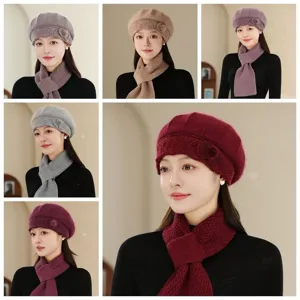 Femme hiver chaud tricoté béret et écharpe ensemble épais thermique chapeau style